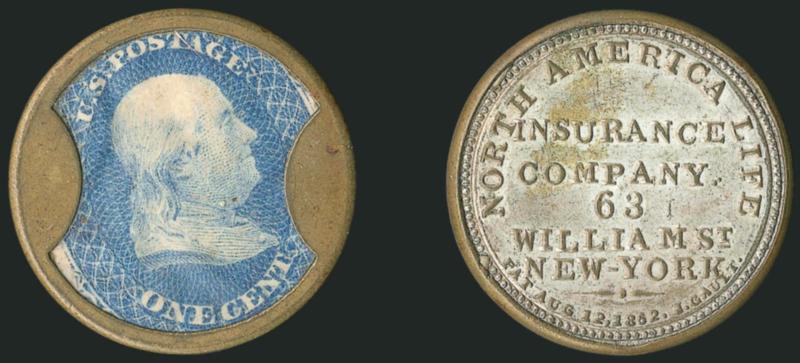 North America Life Insurance Co., New York, 1c Blue, Straight ^INSURANCE^ (EP140a).> Stamp with bright color, slight wrinkles, mica is clear with slight lamination visible in cross-lighting, the case with
<nearly full original silvering on the reve