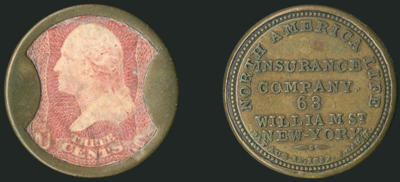 North America Life Insurance Co., New York, 3c Rose, Straight ^INSURANCE^ (EP141).> Stamp with wrinkles, minor mica faults around edge, lovely case in an olive brown color, Very Fine