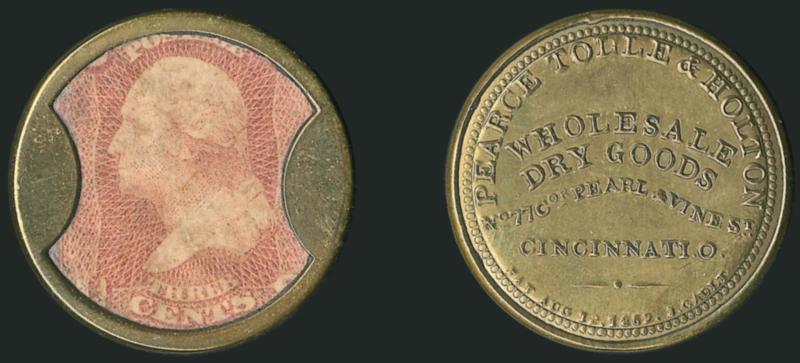 Pearce, Tolle & Holton, Cincinnati, 3c Rose (EP146).> Stamp with light wrinkles and just a hint of soiling, mica clear with only tiny imperfections at left, the case is sound with a lovely olive gold tone on
the reverse<><>^EXTREMELY FINE. A VERY R
