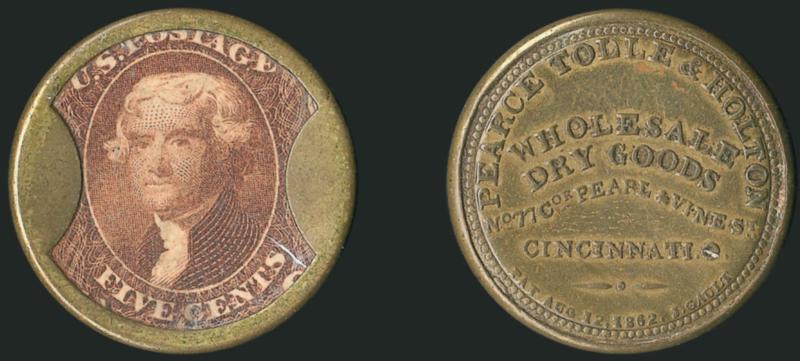 Pearce, Tolle & Holton, Cincinnati, 5c Red Brown (EP147).> Stamp with beautiful rich color and essentially perfect positioning, trivial mica lamination and tiny flaw at six oclock, the case is sound with a
lovely olive gold tone on the reverse<><>