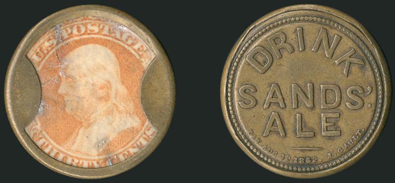 Sands Ale, 30c Orange (EP154).> Stamp fairly bright and some mica flaws, rim shows pry marks, this <unique> but controversial piece is listed but unpriced in the Scott U.S. Specialized catalogue, where there is
a footnote to the effect that the case