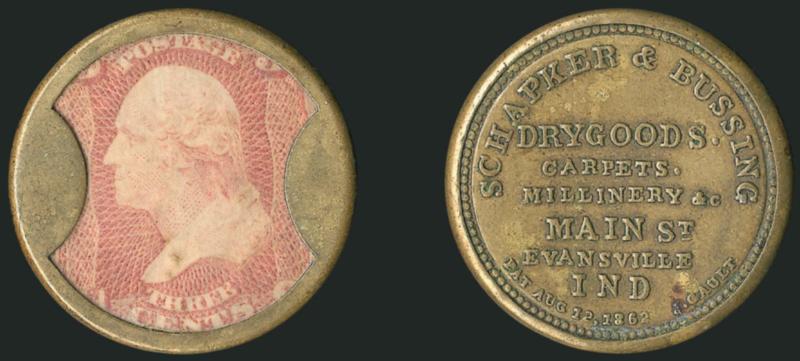 Schapker & Bussing, Evansville Ind., 3c Rose (EP156).> Stamp with tiny toned spot, trivial mica flaws, attractive case with olive golden tone on the reverse<><>^VERY FINE. A HANDSOME AND CHOICE EXAMPLE OF THIS
VERY SCARCE 3-CENT SCHAPKER & BUSSING