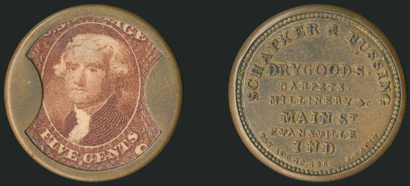 Schapker & Bussing, Evansville Ind., 5c Red Brown (EP157).> Stamp has bright color, nice positioning with full denomination at bottom, minor mica flaws, pretty olive gold reverse on the case, Extremely Fine,
the 5c has a lower Scott value but higher
