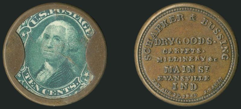 Schapker & Bussing, Evansville Ind., 10c Green (EP158).> Stamp with rich color and nice positioning with Ten Cents value label fully visible, small mica faults, case is sound with a rich olive brown tone on the
reverse, Very Fine
