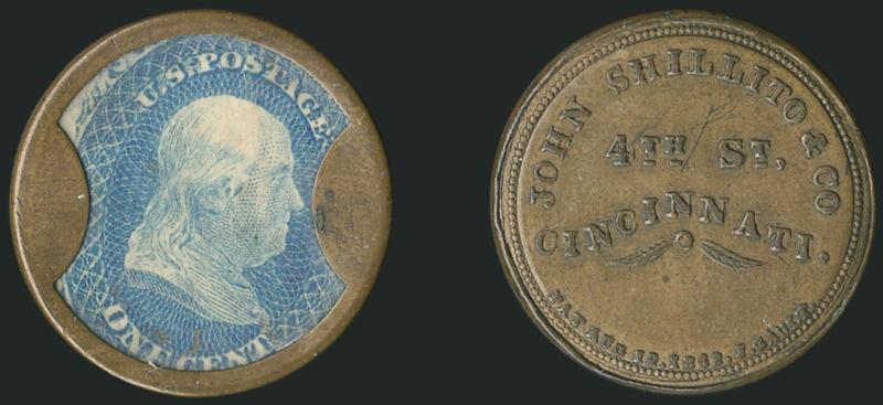 John Shillito & Co., Cincinnati, 1c Blue (EP160).> Stamp has bright fresh color, positioned slightly to the right and down but value label still visible, couple mica flaws at bottom, sound case with a nice dark
olive gold tone on reverse<><>^VERY F