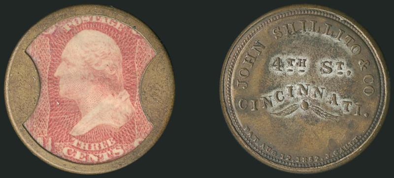 John Shillito & Co., Cincinnati, 3c Rose (EP161).> Stamp with good color, slight bends and really trivial soiling spot, mica nearly perfect, shows slight laminations in cross-lighting, sound case with traces of
original silvering on the reverse, Extr