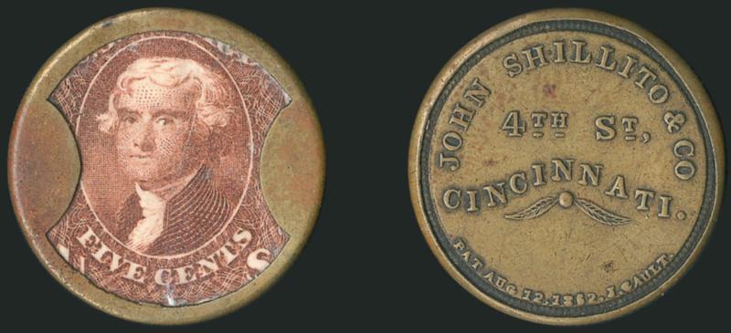 John Shillito & Co., Cincinnati, 5c Red Brown (EP162).> Stamp with rich color, couple light bends, positioned strongly upward with full denomination showing at bottom, slight mica flaws, sound case with olive
gold tone on reverse, Extremely Fine, wit
