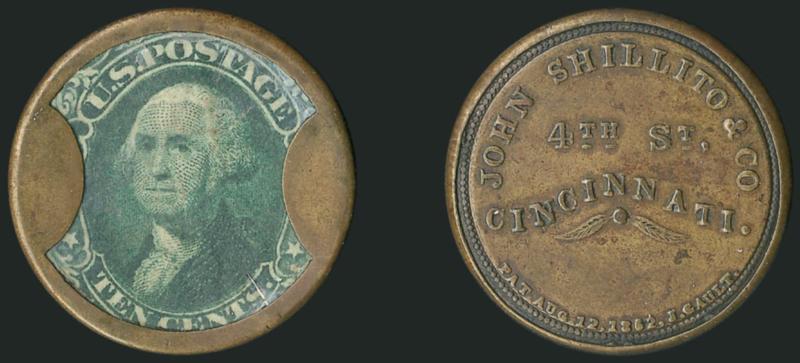 John Shillito & Co., Cincinnati, 10c Green (EP163).> Stamp has rich color, nicely positioned with value label readable, some mica faults around edge, nice case with olive brown tone on the reverse, Very Fine,
extremely scarce with a Reed census ratin