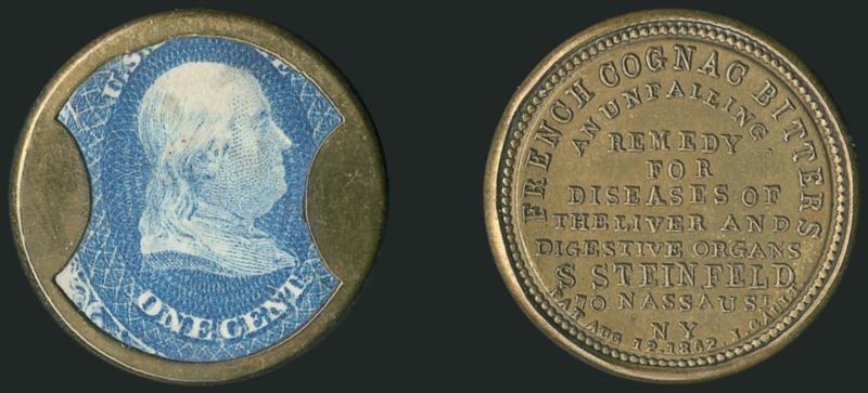 S. Steinfeld, New York, 1c Blue (EP165).> Stamp has fresh color with a few minute toning flecks of little consequence, positioned strongly to top with full denomination at bottom, negligible mica flaws, a
lovely sound case with golden toned back<><