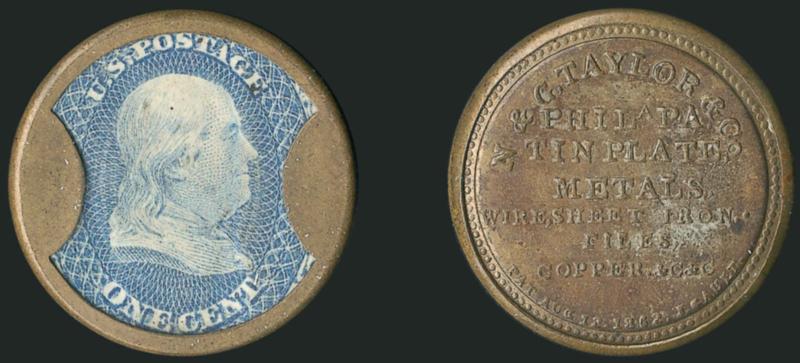 N. G. Taylor & Co., Philadelphia, 1c Blue (EP169).> Stamp with slight soiling, mica essentially flawless, sound case with brown and gold hues with traces of the original silvering still showing on the
reverse<><>^EXTREMELY FINE. A VERY RARE ENCASEM