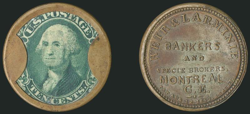 Weir & Larminie, Montreal, 10c Green (EP177).> Stamp has rich color and perfect positioning, mica nearly fault free, sound case with brownish tone and <about one-third of the original silvering><><>^EXTREMELY
FINE. THIS EXAMPLE RIVALS THE TWO IN TH