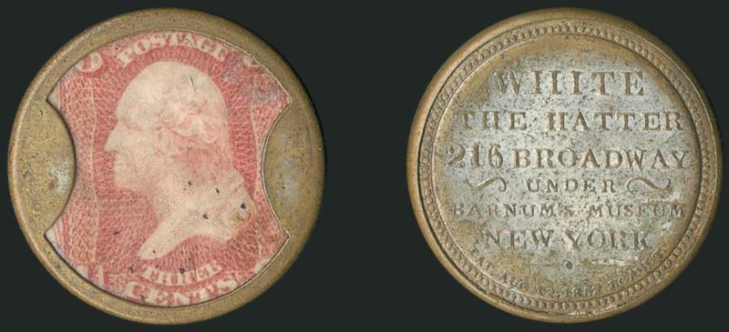 White, The Hatter, New York, 3c Rose (EP179).> Stamp light bend, some mica flaws, sound case with nearly complete original silvering on reverse and even traces on the obverse tabs<><>^VERY FINE. THE 3-CENT
WHITE THE HATTER IS RARE, WITH A TINY ESTI