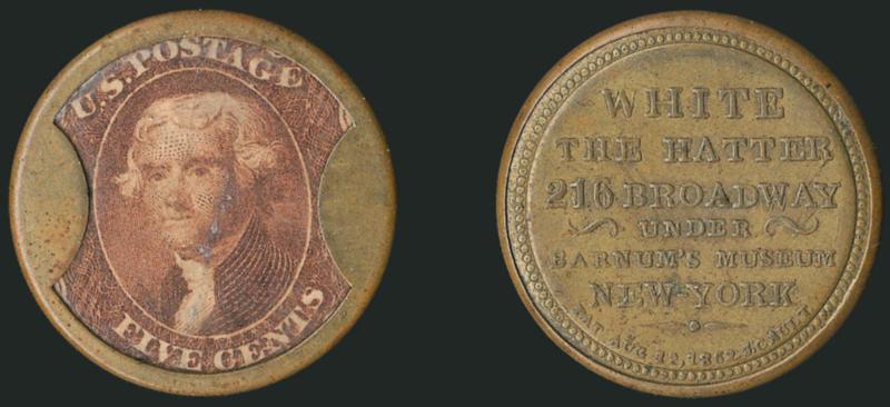White, The Hatter, New York, 5c Red Brown (EP180).> Stamp has rich color, trivial bends, excellent positioning with both labels fully visible, mica lamination at center, sound case with pretty olive gold toned
reverse<><>^VERY FINE. THE 5-CENT WHIT