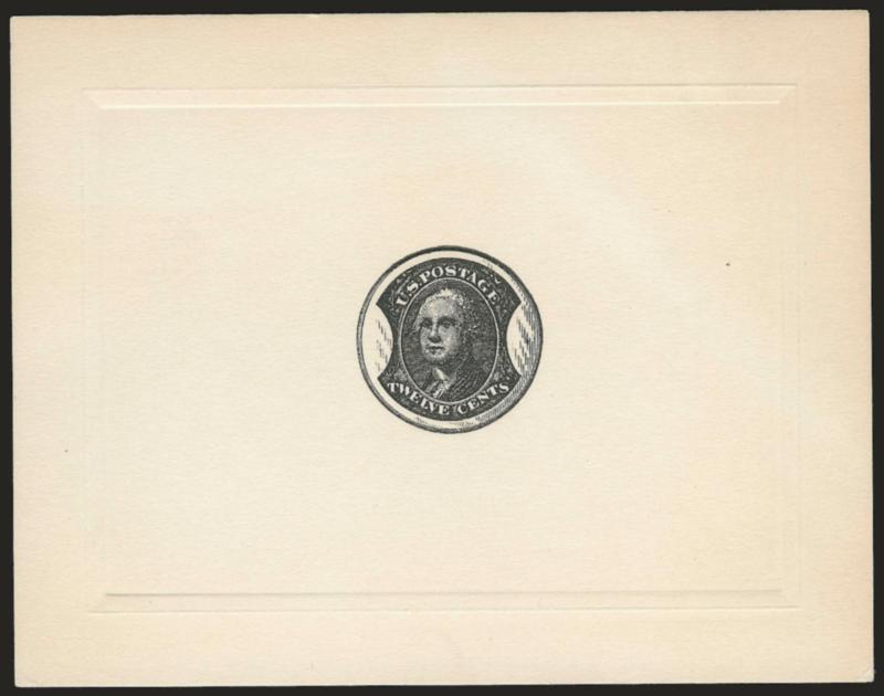12c Black, Scovill Die Essay for Encased Postage,> Lithographic impression on 113 x 88mm die sunk card, Extremely Fine, Scovill was contracted by John Gault to produce his encased postage stamps, interesting
and rare encased postage essay, also incl.
