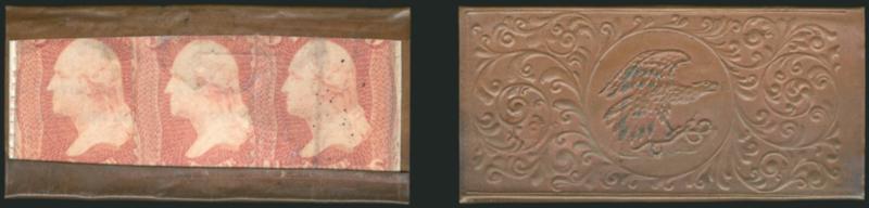 Feuchtwanger 9c Strip of Three.> Three 3c 1861s slightly overlapped, right one natural s.e. in rectangular copper frame, some mica faults, frame embossed with floral motif and central eagle and snake, this is
reminiscent to Feuchtwangers 1c obver