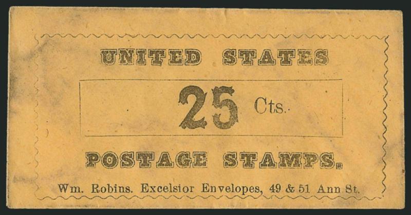Wm. Robins. Excelsior Envelopes, 49 & 51 Ann St., 25 Cts. United States Postage Stamps.> Black 70 x 36mm orange-buff envelope, Krause-Lemke 123-25C unlisted, Drowne 1918 listed, some fairly light soiling,
otherwise Very Fine