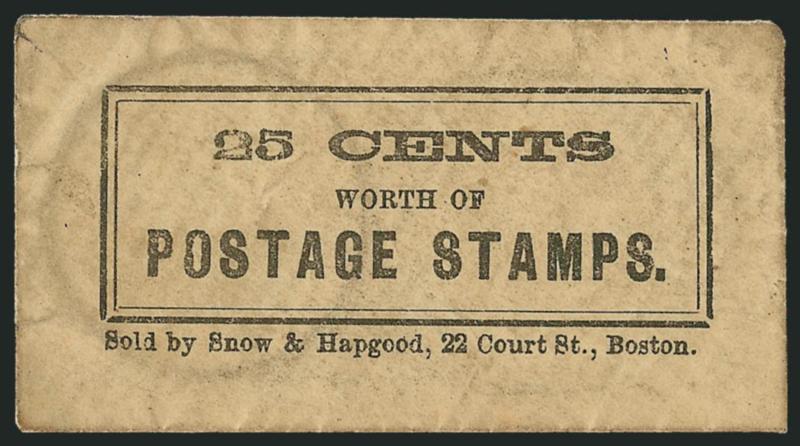 Sold by Snow & Hapgood, 22 Court St., Boston.> Imprint beneath framed 25 Cents Worth Of Postage Stamps on buff on laid 64 x 34mm envelope, slight overall soiling has created a rubbing at left that shows a
circular outline of what may have been an