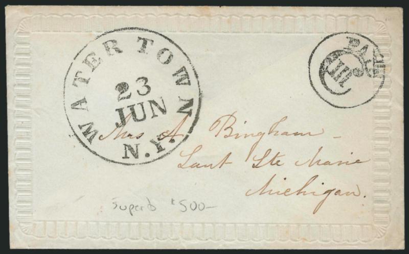 Watertown N.Y. 23 Jun.> Circular datestamp on petite ladys cover with embossed edge, matching <Paid CIII fancy coin rate handstamp> stylized from the then-current 3c piece, Extremely Fine