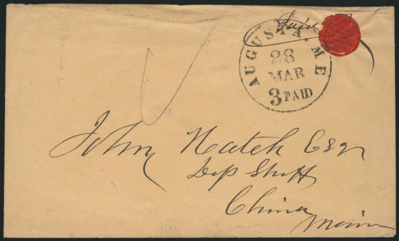Eutaw Ala. Mar. 11.> Black circular datestamp and framed Paid handstamp with <blue Half-Dime coin rate handstamp> on green folded cover to Gainesville Ala., side panels removed, small stains along file folds,
otherwise Very Fine, a choice strike