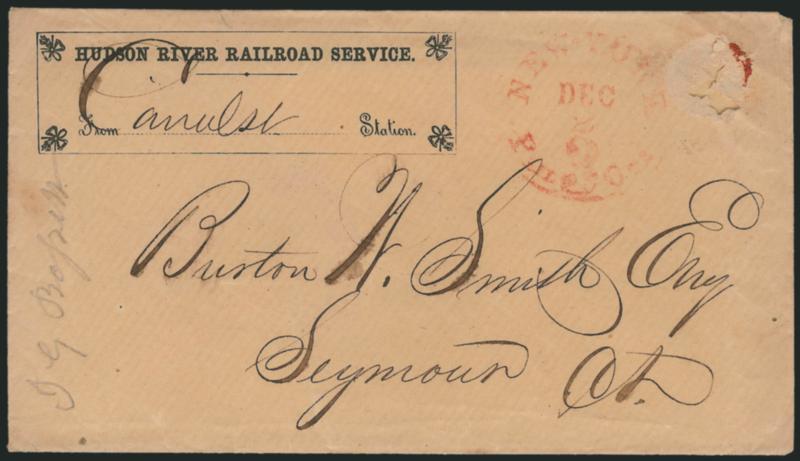 New-York Paid 3 Cts. Dec. 2 (1855).> Red integral-rate circular datestamp on <Hudson River Railroad Service corner card> cover from Canal St. station to Seymour Conn., traces of wax wafer peeled away at upper
right, used to hold 3c coin for prepaymen