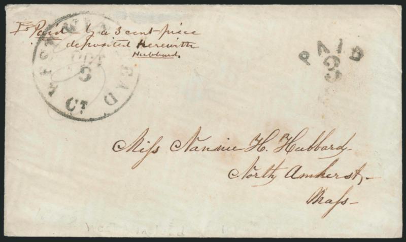 East Winstead Ct. Oct. 9 (1854).> Circular datestamp and Paid 3 handstamp on cover to North Amherst Mass. with senders notation <Paid by a 3 cent piece deposited herewith, Hubbard.,> with original enclosure,
Very Fine
