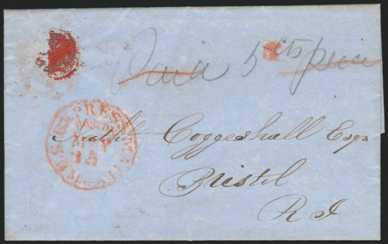 U.S. Express Mail Boston Mass. May 15.> Red route agents circular datestamp and matching 5 rate handstamp on 1849 blue folded letter to Bristol R.I., red wax wafer at upper left used to hold 5c coin, pencil
<Paid 5 cts piece> crossed out in red