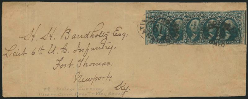50c Postage Currency Used as Postage.> Strip of five overlapping 10c stamps cut from Postage Currency note and tied by Cincinnati Ohio oval cancel on front only addressed to Lt. Bandholtz in Newport Ky., short
tear at right of strip, creases in p