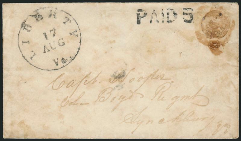 Liberty Va. 17 Aug.> Circular datestamp and ^PAID 5^ woodcut straightline handstamp on cover to Lynchburg Va. with mucilage remnants showing <clear impression of U.S. Half-Dime affixed to pay postage,> minor
toning, still Very Fine, these scarce Co