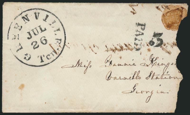 Greenville Ten. Jul. 26.> Circular datestamp and Paid 5 handstamp on cover to Varnells Station Ga. with mucilage remnants showing <impression of U.S. Half-Dime coin> affixed to pay postage, roughly opened at
right into coin impression, otherwise F