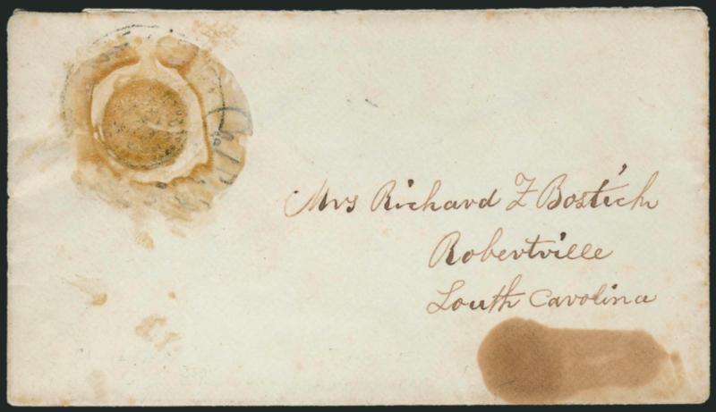 U.S. Coin Used to Pay C.S.A. Postage.> Cover to Robertville S.C. with mucilage remnants at top left where <Half-Dime coin> was affixed to pay C.S.A. rate, trace of circular datestamp over the area where the
coin was affixed, with original letter date