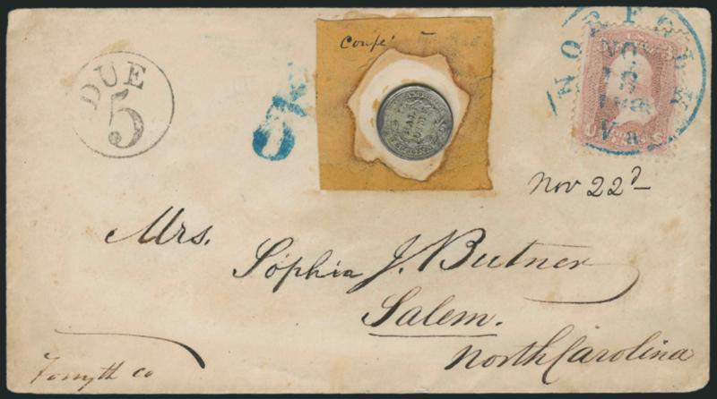 3c Rose (65).> Well-centered, couple toned spots, tied by blue Norfolk Va. Nov. 18, 1861 circular datestamp on <North-to-South flag-of-truce> cover to Salem N.C., remnants of brown paper used to hold <Half-Dime
coin> in place (replacement coin for