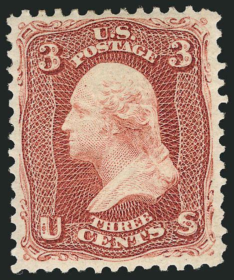 3c Brown Red, Re-Issue (104).> Original gum, lightly hinged, deep rich color and proof-like impression<><>^VERY FINE AND CHOICE ORIGINAL-GUM EXAMPLE OF THE 3-CENT 1861 RE-ISSUE.^<><>Only 465 sold. With 1985 and
2008 P.F. certificates