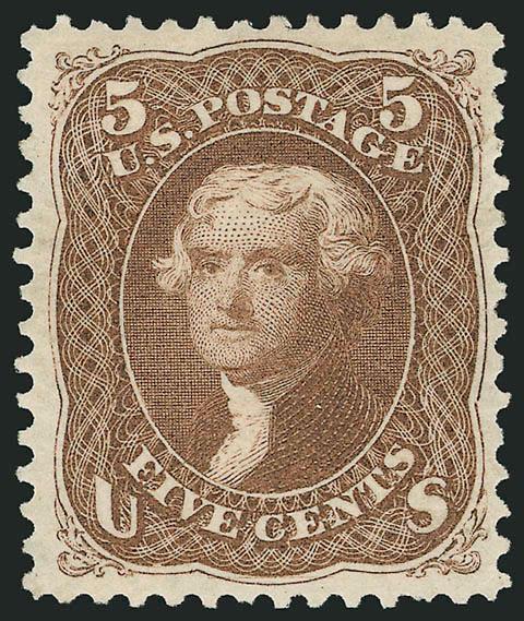 5c Brown, Re-Issue (105).> Original gum, lightly hinged, pretty pastel color, Jumbo margins<><>^VERY FINE AND CHOICE ORIGINAL-GUM EXAMPLE OF THE 5-CENT 1861 RE-ISSUE.^<><>Only 672 sold. With 2001 and 2003 P.F.
and 2005 P.S.E. certificates (VF 80