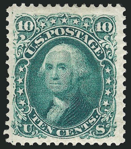 10c Green, Re-Issue (106).> Original gum, wide margins, rich color and proof-like impression on bright white paper<><>^VERY FINE AND CHOICE ORIGINAL-GUM EXAMPLE OF THE 10-CENT 1861 RE-ISSUE.^<><>Only 451 sold.
Ex J & J. With 1989 and 2006 P.F.