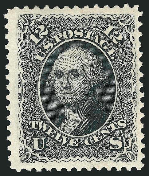 12c Black, Re-Issue (107).> Large part original gum, wide margins, intense shade and detailed impression<><>^VERY FINE ORIGINAL-GUM EXAMPLE OF THE 12-CENT 1861 RE-ISSUE.^<><>Only 389 sold. With 1995 P.F. and
2005 P.S.E. certificates
