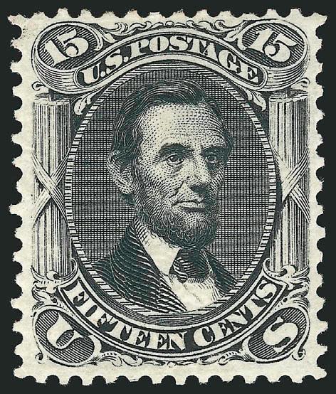 15c Black, Re-Issue (108).> Original gum, deep shade and proof-like impression on bright paper<><>^VERY FINE ORIGINAL-GUM EXAMPLE OF THE 15-CENT 1861 RE-ISSUE.^<><>Only 397 sold. With 1973 and 2002 P.F.
certificates