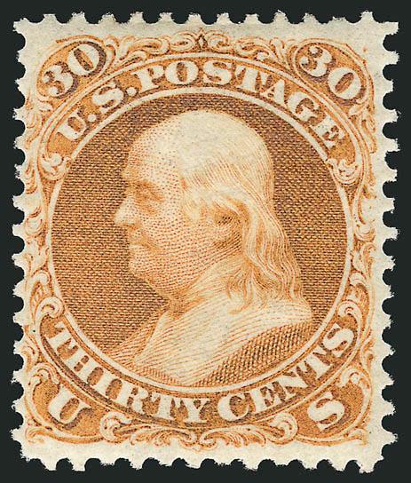 30c Brownish Orange, Re-Issue (110).> Original gum, deep rich color on bright paper, well-balanced margins for this difficult issue<><>^VERY FINE AND CHOICE ORIGINAL-GUM EXAMPLE OF THE 30-CENT 1861 RE-ISSUE.
THIS IS EASILY ONE OF THE MOST DIFFICULT