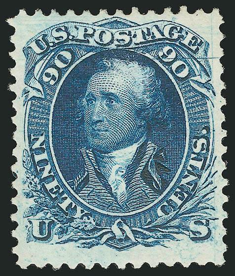 90c Blue, Re-Issue (111).> Original gum, intense color on bright paper, choice centering<><>^VERY FINE ORIGINAL-GUM EXAMPLE OF THE 90-CENT 1861 RE-ISSUE.^<><>Only 317 sold. Ex Hewitt and Vineyard. With 1981,
1986 and 2003 P.F. certificates
