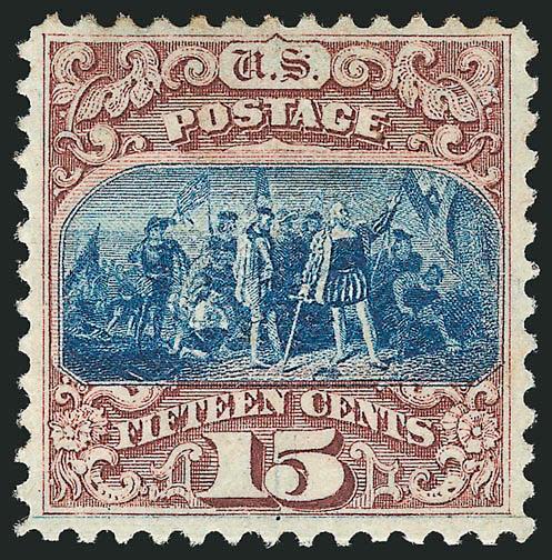 15c Brown & Blue, Ty. I (118).> Original gum, deep rich colors, choice centering for this difficult issue<><>^VERY FINE AND CHOICE. A BEAUTIFUL ORIGINAL-GUM EXAMPLE OF THE 15-CENT TYPE I 1869 PICTORIAL
ISSUE.^<><>The 15c Type I comes from the fir