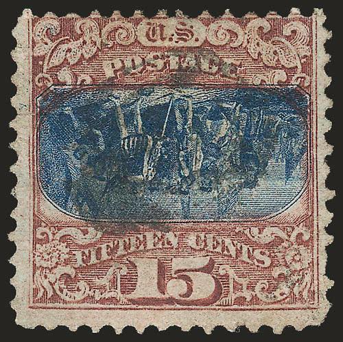 15c Brown & Blue, Ty. II, Center Inverted (119b).> Light cork cancel leaves frame and inverted vignette clearly visible, rich colors, small tear at left center, small closed tear at top right, two light diagonal
creases, pulled perf at right not ment