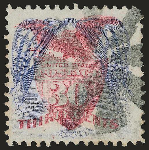 30c Ultramarine & Carmine, Center Inverted (121b).> Choice centering with wide margins, incredibly rich and bright colors on fresh white paper, clear strike of circle of eight wedges cancel<><>^VERY FINE AND
CHOICE. A RARE SOUND EXAMPLE OF THE 30-C