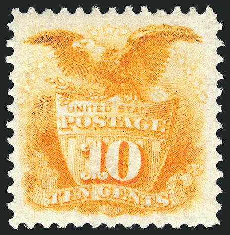 10c Yellow, Re-Issue (127).> Original gum, vibrant color, wide margins<><>^VERY FINE AND CHOICE ORIGINAL-GUM EXAMPLE OF THE 10-CENT 1869 PICTORIAL RE-ISSUE.^<><>With 2005 P.S.E. certificate (VF 80 SMQ
$2,400.00)