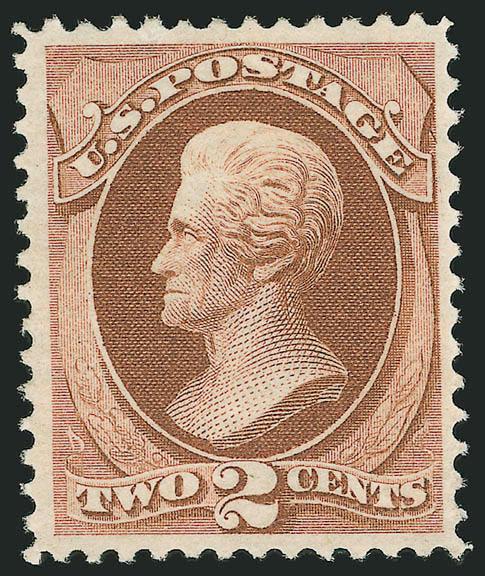 2c Red Brown, Grill (135).> H. Grill, original gum, lightly hinged, clear grill points, remarkably bright shade and detailed impression on crisp white paper<><>^EXTREMELY FINE GEM. A BREATHTAKING ORIGINAL-GUM
EXAMPLE OF THE 2-CENT 1870 NATIONAL BAN