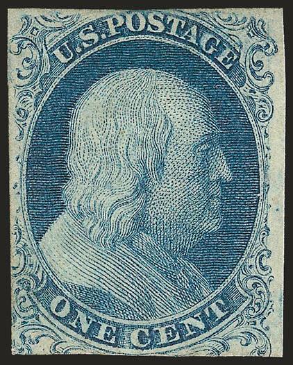 1c Blue, Ty. Ia (6).> Position 92R4, unused (traces of original gum), large margin at right, other sides in, deep rich Plate 4 color, completely sound<><>^FINE. AN EXCEEDINGLY RARE UNUSED EXAMPLE OF THE ONE-CENT
TYPE IA IMPERFORATE STAMP -- ONE OF