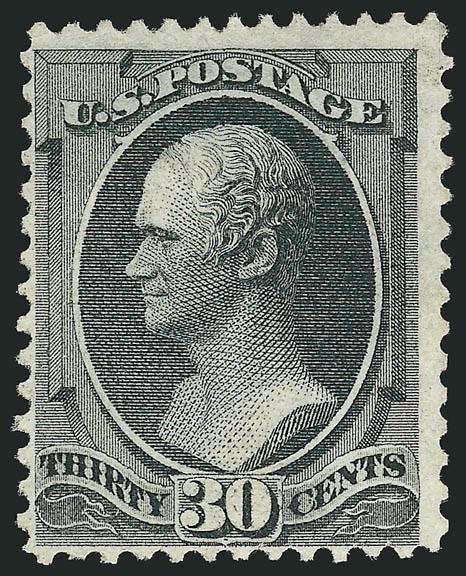 30c Black, Grill (143).> H. Grill, unused (traces of original gum), intense shade, several clear vertical rows of grill points<><>^FINE AND RARE UNUSED EXAMPLE OF THE 1870 30-CENT NATIONAL BANK NOTE GRILLED
ISSUE. ESPECIALLY SCARCE IN SOUND CONDITI