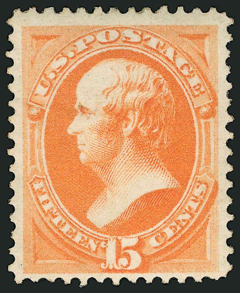 15c Yellow Orange (163).> Original gum, radiant color, trivial natural inclusion<><>^VERY FINE. THE 15-CENT 1873 CONTINENTAL IS AMONG THE MOST ELUSIVE OF THE REGULAR BANK NOTE ISSUES IN THIS CHOICE ORIGINAL-GUM
CONDITION.^<><>Although defined by