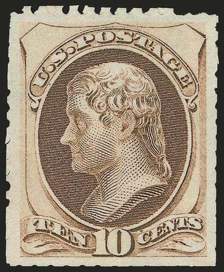 10c Pale Brown, Special Printing (172).> Without gum as issued, scissors-separated perfs as usually found on this issue, bright color, choice centering<><>^VERY FINE EXAMPLE OF THE 10-CENT 1875 CONTINENTAL
SPECIAL PRINTING. LESS THAN 40 ARE BELIEVE