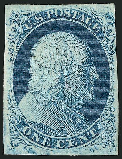 1c Blue, Ty. IIIa (8A).> Plate 4, large part original gum, full margins to just in, deep rich color and proof-like impression<><>^VERY FINE. AN EYE-CATCHING ORIGINAL-GUM EXAMPLE OF THE IMPERFORATE 1851 ONE-CENT
TYPE IIIA.^<><>Ex Geisler. With 199