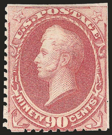 90c Violet Carmine, Special Printing (177).> Without gum as issued, scissors-separated but with intact perfs on two sides, bright shade, small corner crease at top right<><>^FINE APPEARING EXAMPLE OF THE RARE
90-CENT 1875 CONTINENTAL SPECIAL PRINTI
