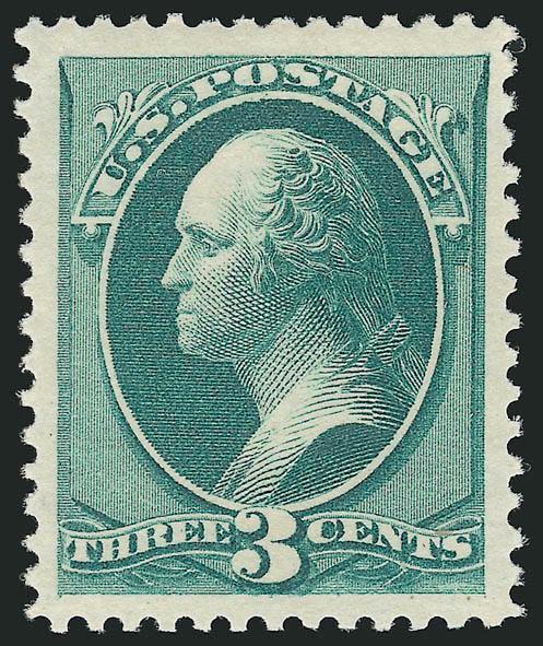 3c Green (184). Mint N.H.,> brilliant color on crisp paper, perfectly centered with Jumbo margins all around<><>^EXTREMELY FINE GEM. A SUPERB MINT NEVER-HINGED EXAMPLE OF THE 3-CENT 1879 AMERICAN BANK NOTE
COMPANY ISSUE. A STAMP OF MAMMOTH PROPORTI